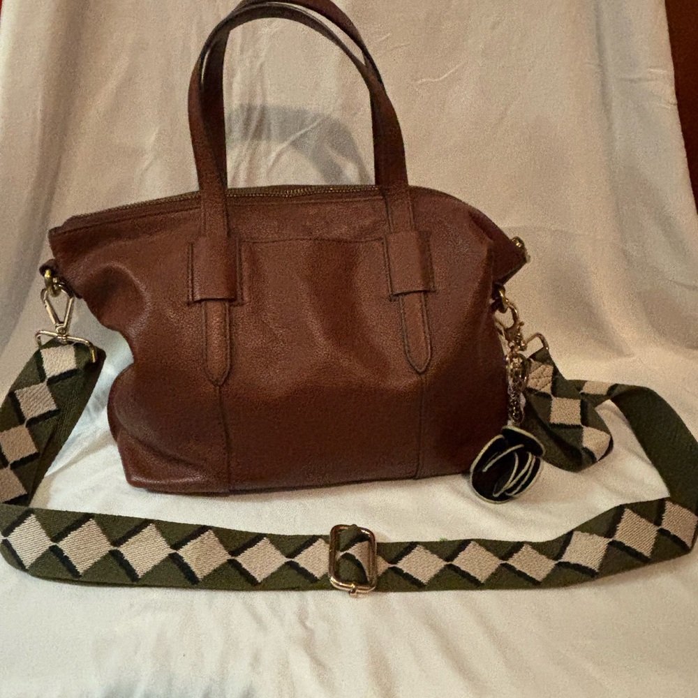 Brown Leather Handbag with Patterned Strap